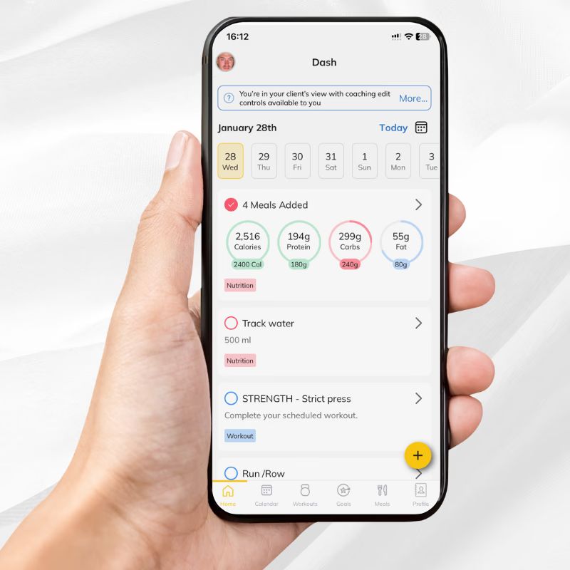 App showing daily dashboard with meals, water, and workouts