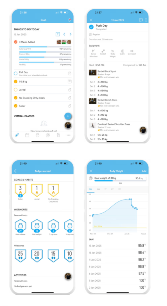 Progress tracking, badges, and body weight chart in the app
