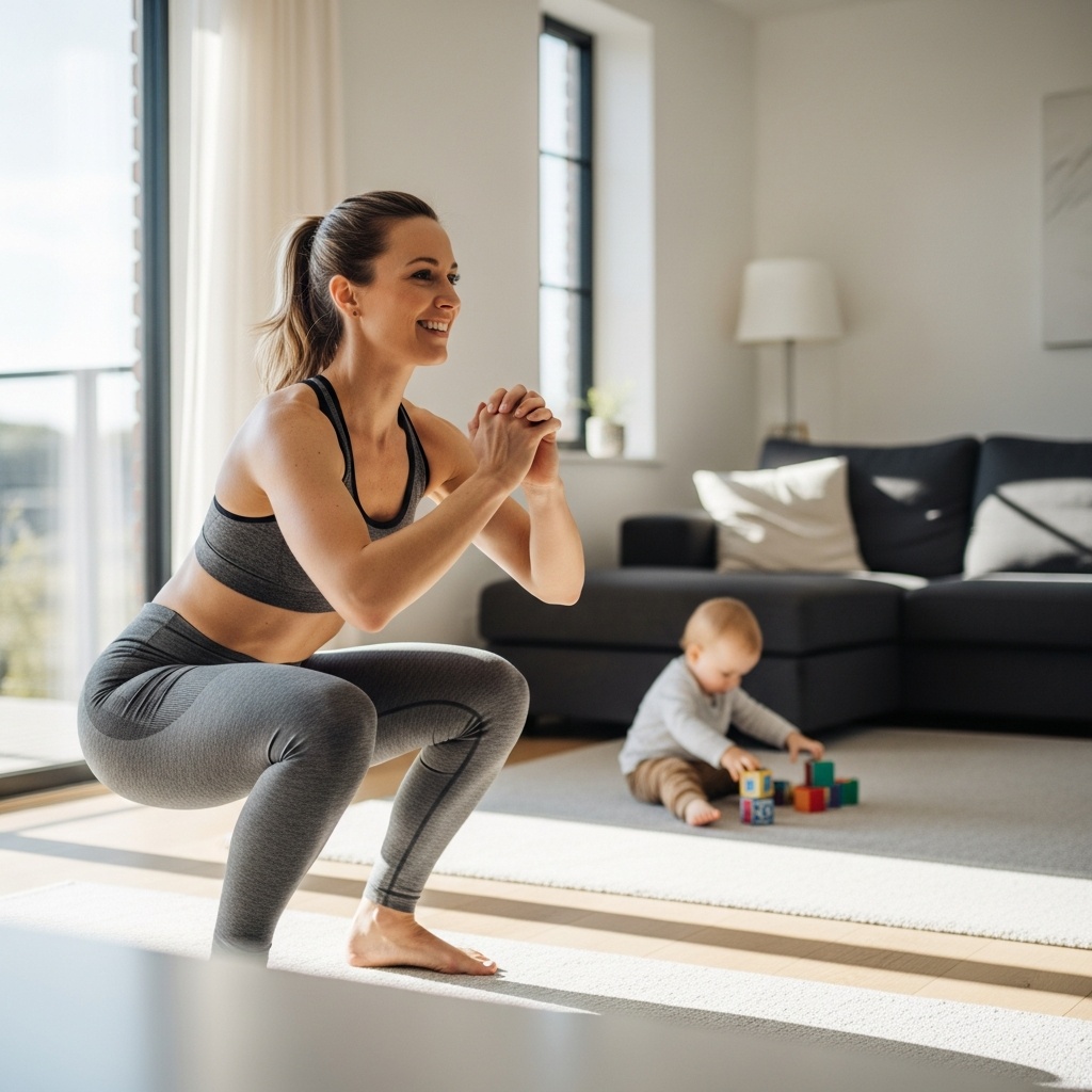 Mother exercising at home while toddler plays in the background