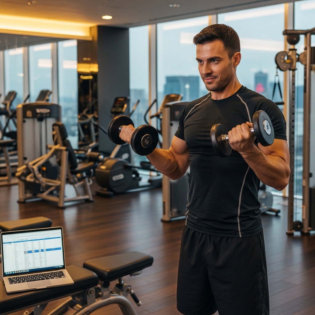 Professional working out with dumbbells in a modern hotel gym